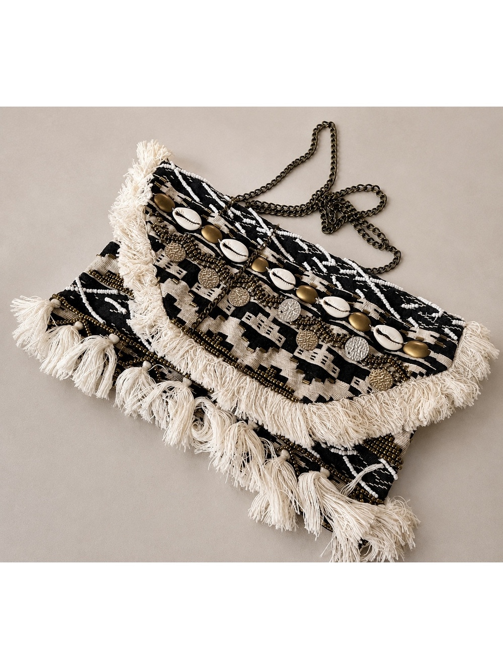 Express Boho Embellished Cowrie Shell Fringe Crossbody Bag